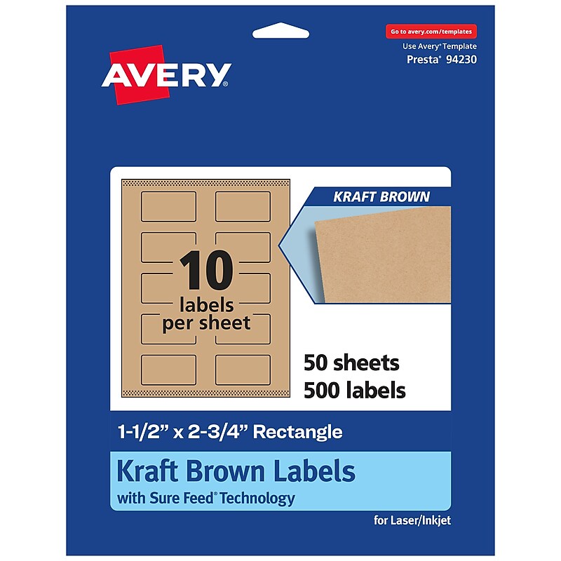 Avery Rectangle Labels, 1.5" x 2.75", Kraft Brown, 500 Labels/Box (94230) image 1