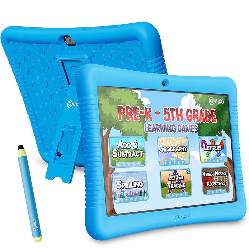 Contixo K102 10” Tablet, QuadCore Cortex-A100, WiFi, 32GB, Android 13, Bundled with Disney eBooks, Stylus, Kid Proof Case, Blue image 1