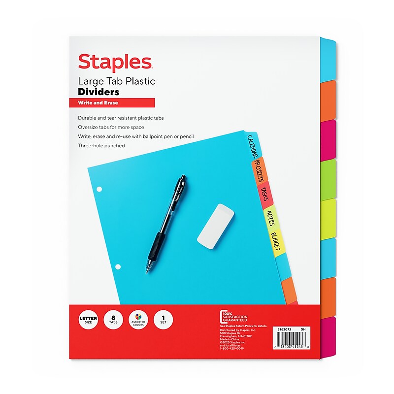 Staples Large Tab Write & Erase Plastic Dividers, Multicolor, 8-Tabs (ST63073) image 1