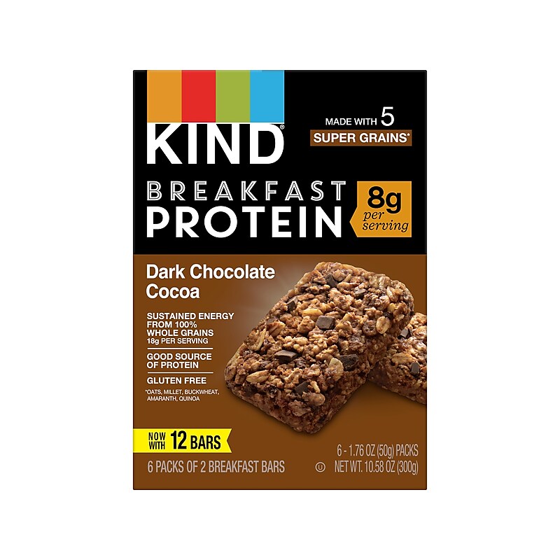 KIND Gluten-Free Dark Chocolate Cocoa Protein Breakfast Bar, 0.88 oz., 6 Bars/Box (41936) image 1