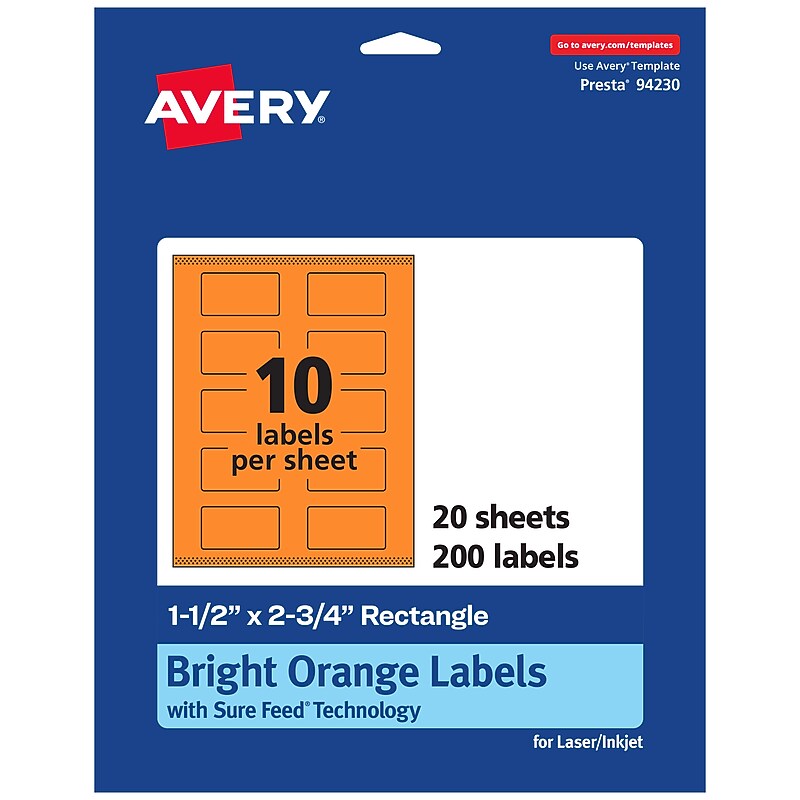 Avery Laser/Inkjet Multipurpose Rectangle Labels, 1.5" x 2.75", Bright Orange, 200/Pack (94230) image 1