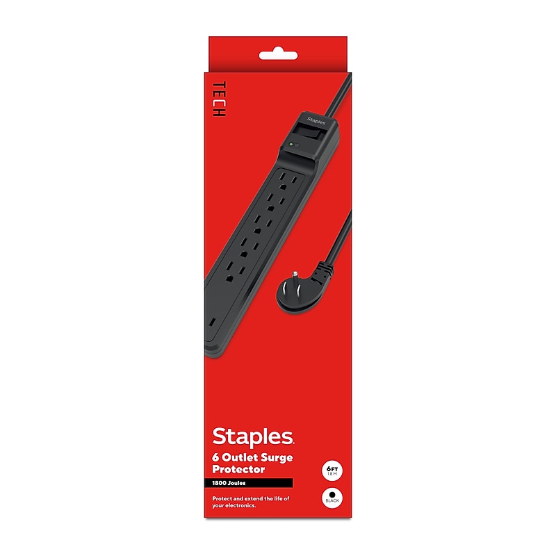 Staples TECH 6-Outlet Surge Protector, 6', 1800 Joules, Black (ST62779) image 1