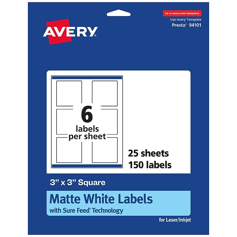 Avery Laser/Inkjet Square Multipurpose Labels, 3" x 3", Matte White, 150 Labels/Pack (94101) image 1