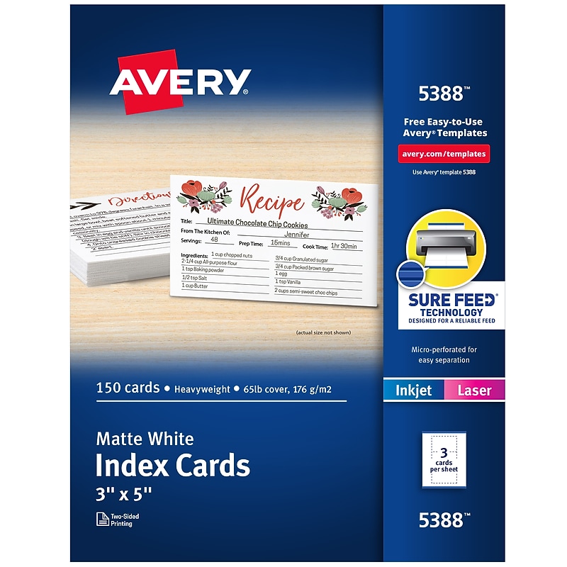 Avery Index Cards, 3" x 5", Matte White, Laser/Inkjet, 150/Pack (05388) image 1