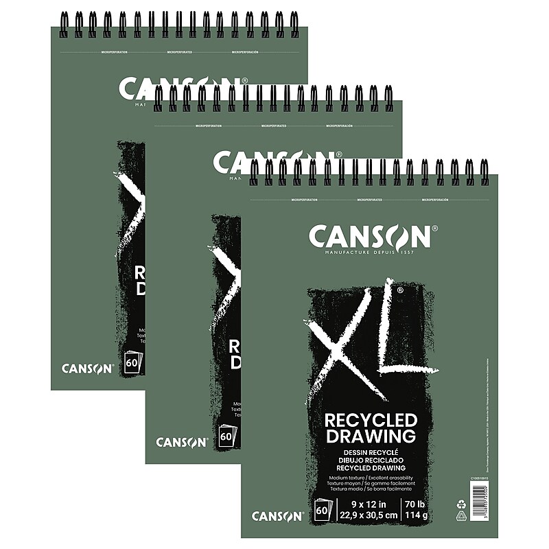 Canson XL Series 9" x 12" Wire Bound Drawing Sketch Pad, 60 Sheets/Pad, 3/Bundle (MCXC100510915-3) image 1