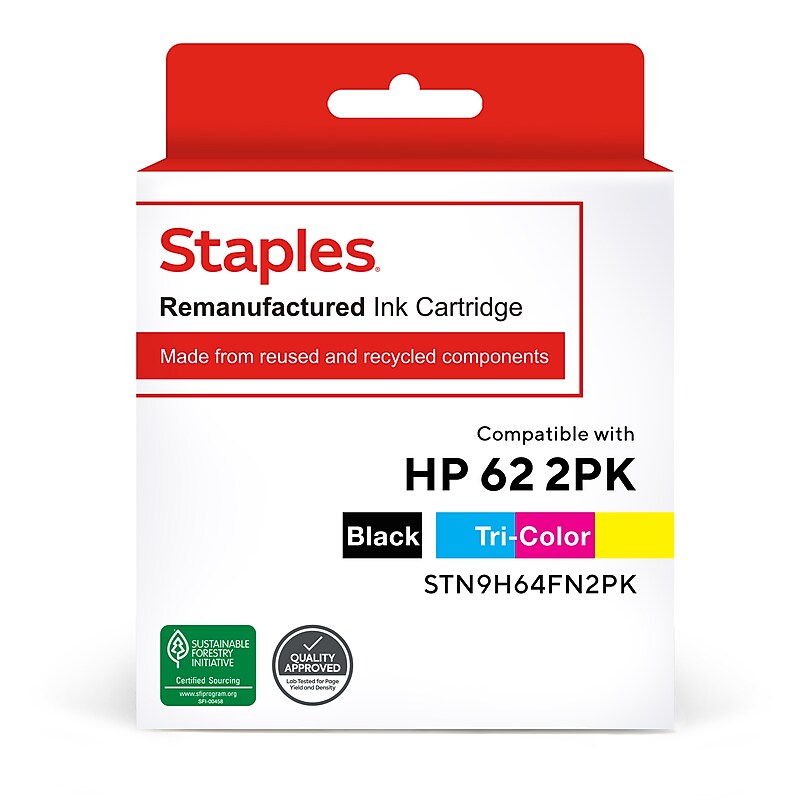Staples Remanufactured Black/Tri-Color Standard Yield Ink Cartridge Replacement for HP 62 (TRN9H64FN2PK/STN9H64FN2PK), 2/Pack image 1