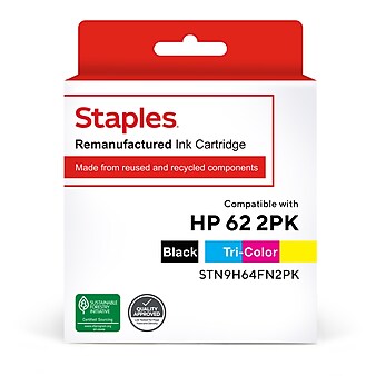 Staples Remanufactured Black/Tri-Color Standard Yield Ink Cartridge Replacement for HP 62 (TRN9H64FN2PK/STN9H64FN2PK), 2/Pack