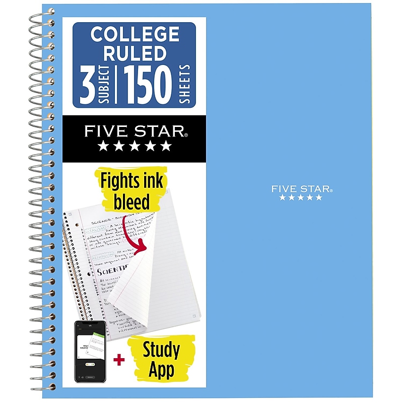 Five Star Spiral Notebook Plus Study App, 3 Subject, College Ruled, 8.5" x 11", Sky Blue (820003NH0) image 1