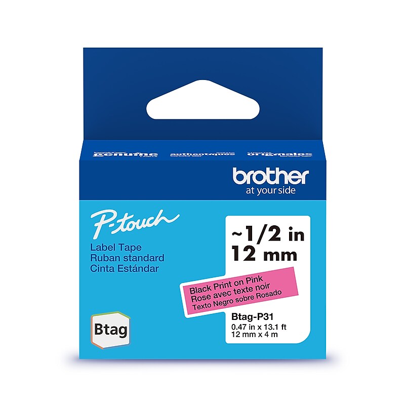 Brother P-touch Btag Label Tape, 1/2" x 13.1’ (12mm x 4m), Black on Pink (BTAGP31) image 1