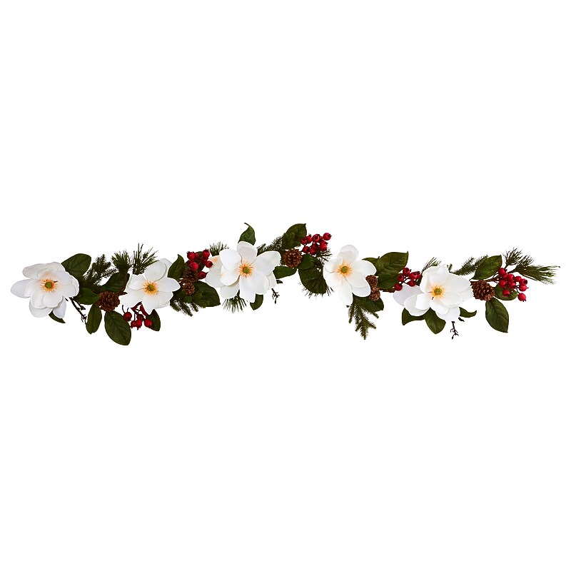Nearly Natural Artificial Magnolia, Pine and Berries Garland, 6' (4196) image 1