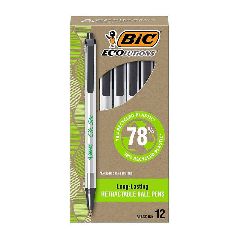 BIC Ecolutions Clic Stic Retractable Ballpoint Pens, Medium Point, Black Ink, Dozen (CSEM11BK) image 1