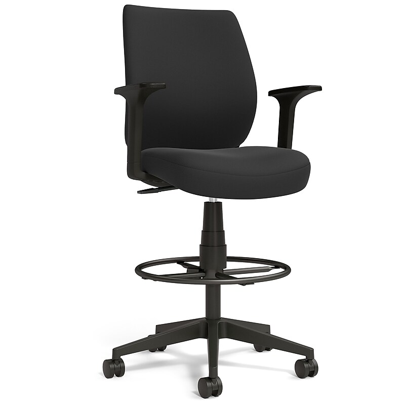 Staples Essentials Fabric Drafting Stool with Backrest and Footrest, Black (UN59388) image 1