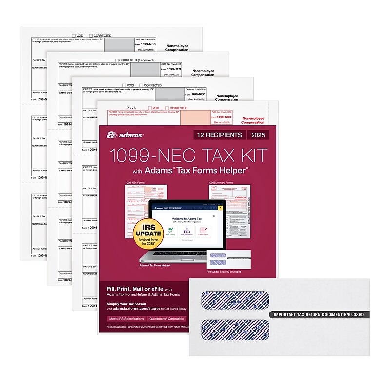 Adams 2025 1099-NEC Tax Forms Kit, 4-Part, 3-Up, A, 1, B & 2, 12/Pack (STAX512NEC-25) image 1
