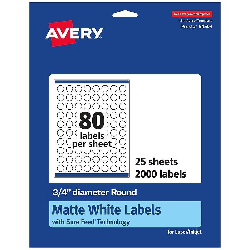 Avery Laser/Inkjet Round Multipurpose Labels, 0.75" Dia, Matte White, 2,000 Labels/Pack (94504) image 1