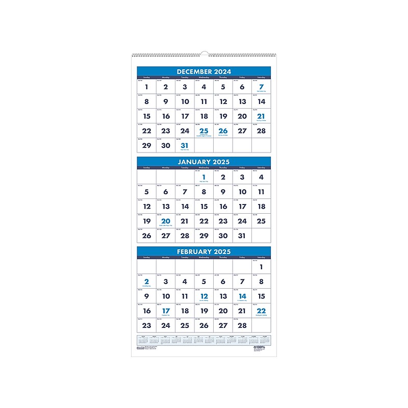 2025 House of Doolittle 12.25" x 26" Three-Month Wall Calendar, White/Blue (3640-25) image 1