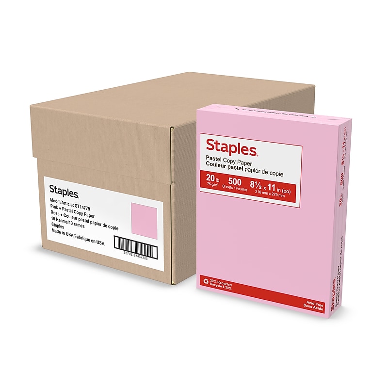 Staples Pastel 30% Recycled 8.5" x 11" Color Copy Paper, 20 Lbs., Pink, 5000 Sheets/Carton (14779-AA) image 1