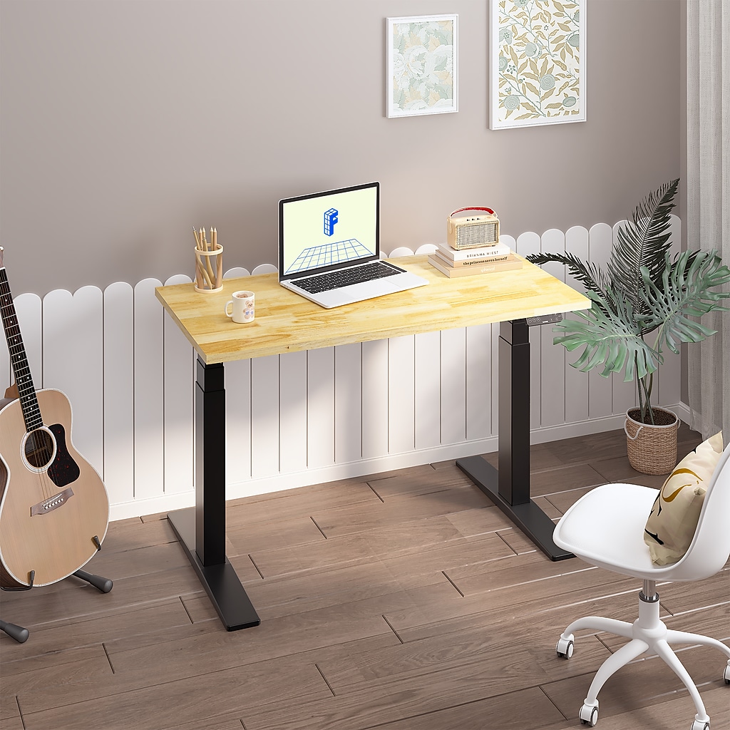 Home office setup with standing desk, guitar, plant and chair
