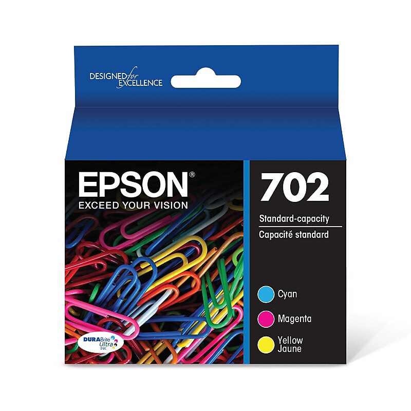 Epson T702 Cyan/Magenta/Yellow Standard Yield Ink Cartridge, 3/Pack (T702520-S) image 1