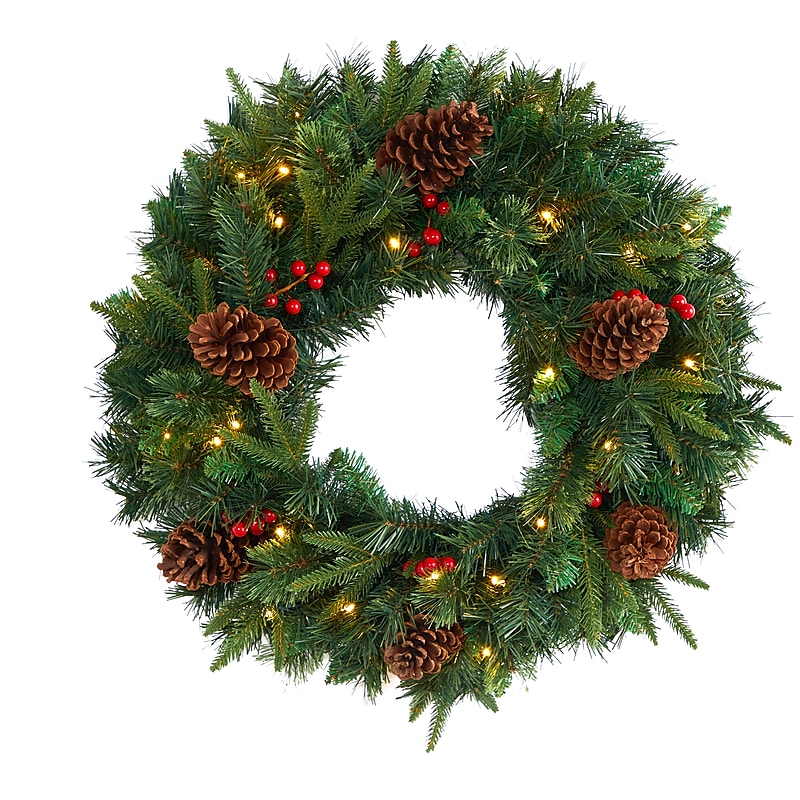 Nearly Natural 24-in Mixed Pine Artificial Christmas Wreath with 35 Clear LED Lights and Berries (W1117) image 1