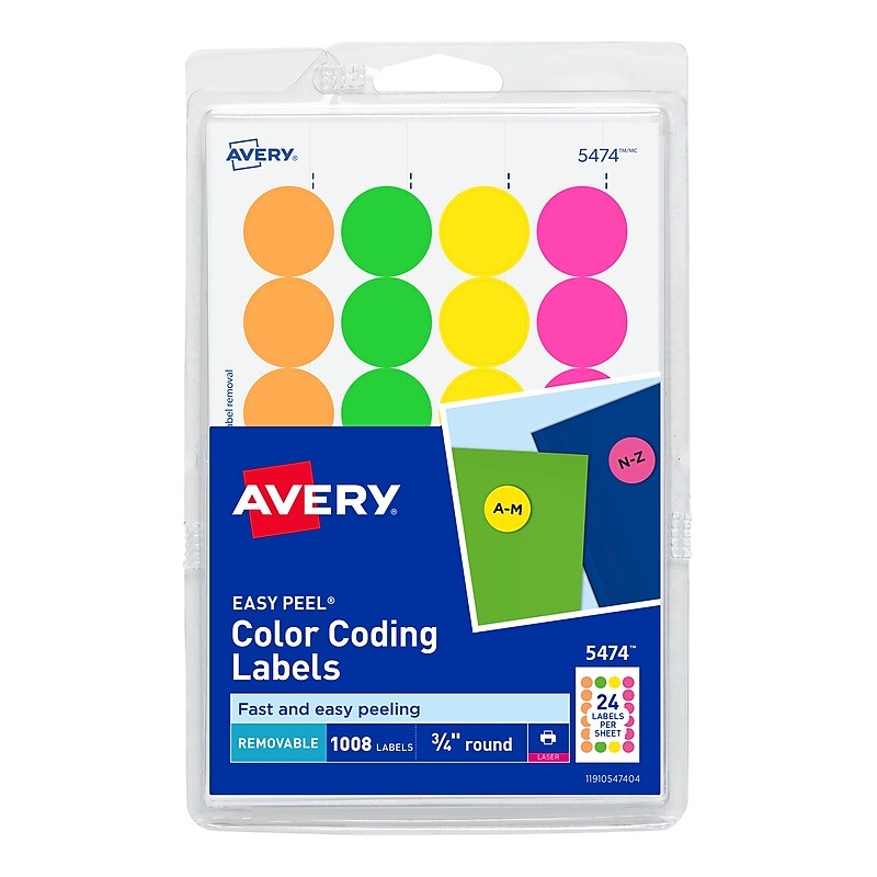 Avery Easy Peel Laser Color-Coding Labels, 3/4" Dia, Assorted Neon, 1,008 Labels/Pack (5474) image 1