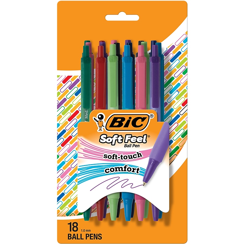 BIC Soft Feel Retractable Ballpoint Pen, Medium Point, 1.0mm, Assorted Ink, 18/Pack (SCSMAP18-AST) image 1