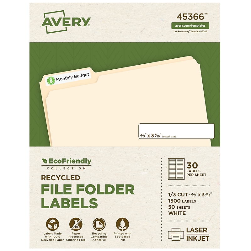 Avery EcoFriendly Laser/Inkjet File Folder Labels, 2/3" x 3-7/16", White, 1500 Labels/Box (45366) image 1