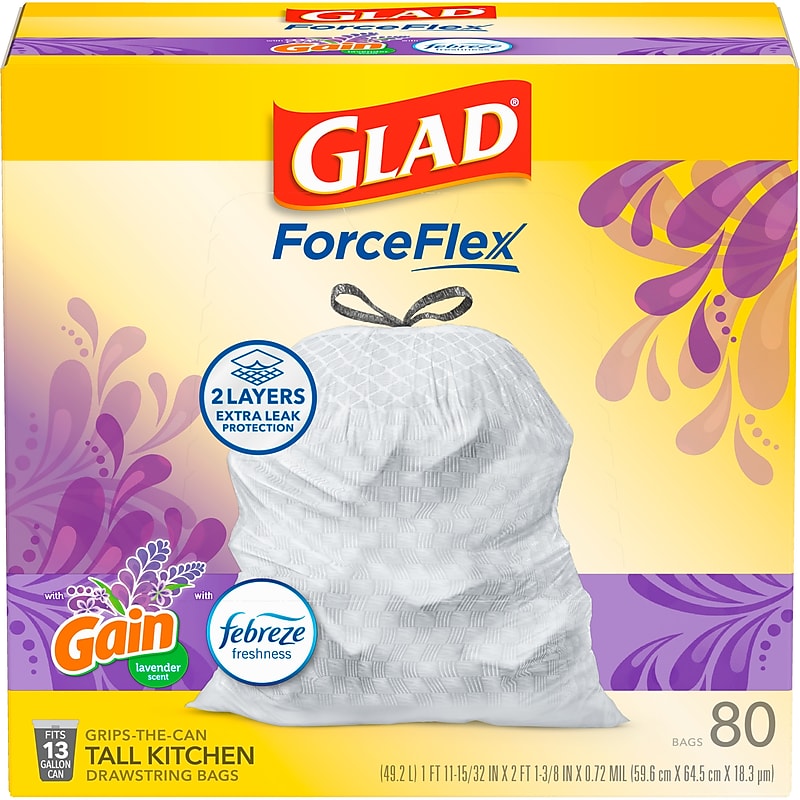 Glad ForceFlex Tall Kitchen Drawstring Trash Bags, 13 Gallon, Gain Lavender with Febreze Freshness, 80 Count (78533) image 1