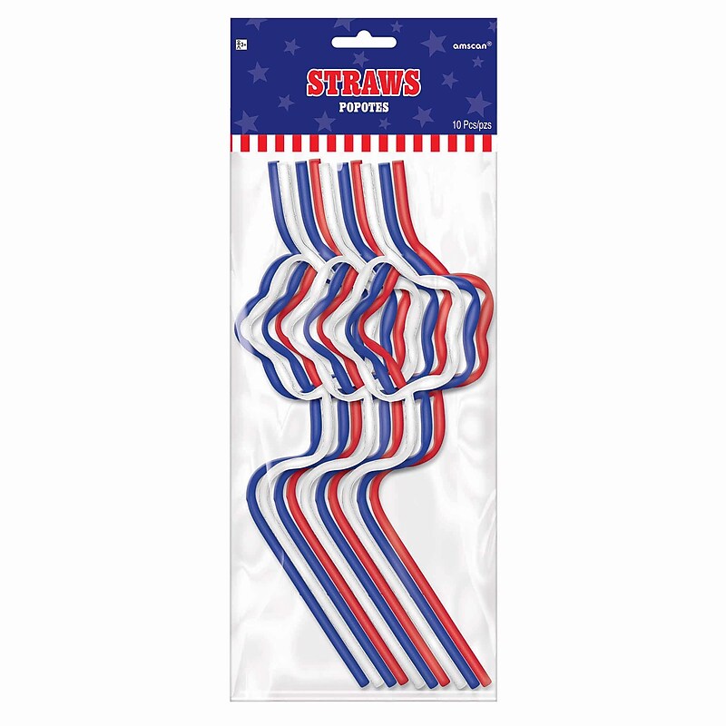 Party City Fourth of July Plastic Straws, Red/White/Blue, 10/Pack (AM397109-PC) image 1