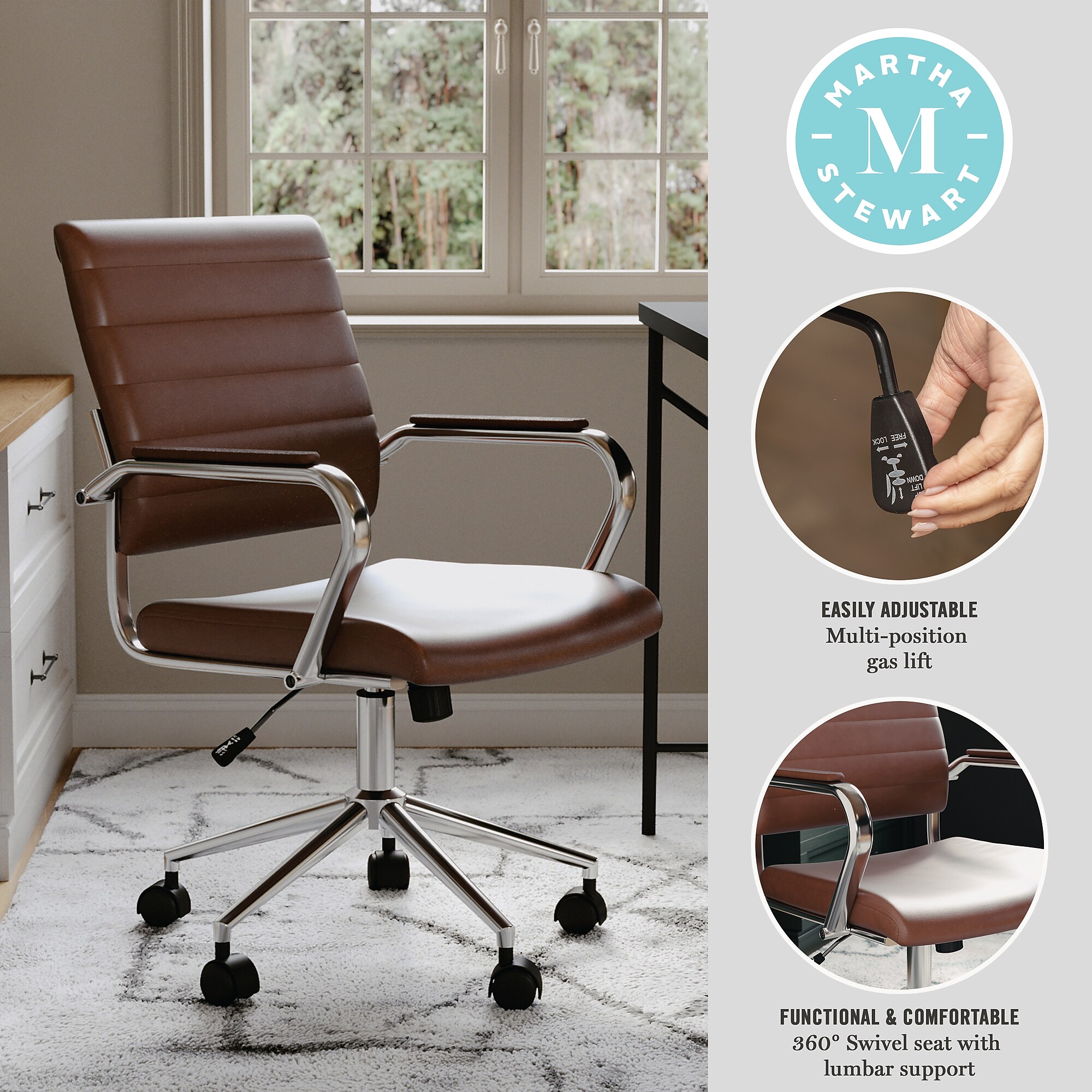 Martha Stewart Piper Faux Leather Swivel Executive Chair, Saddle Brown/Polished Nickel (CH2209212BR) Sansujyuku sansujyuku.com