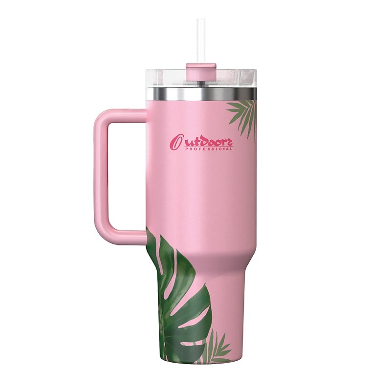 Outdoors Professional Stainless Steel Double-Walled  Tumbler with Straw, 40 oz., Tropical Pink (OUTD9249) image 1