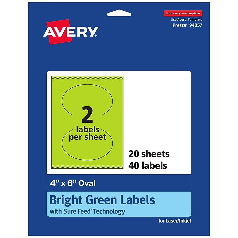 Avery Printable Oval Multipurpose Labels, 4" x 6", Bright Green, 40/Pack (94057) image 1