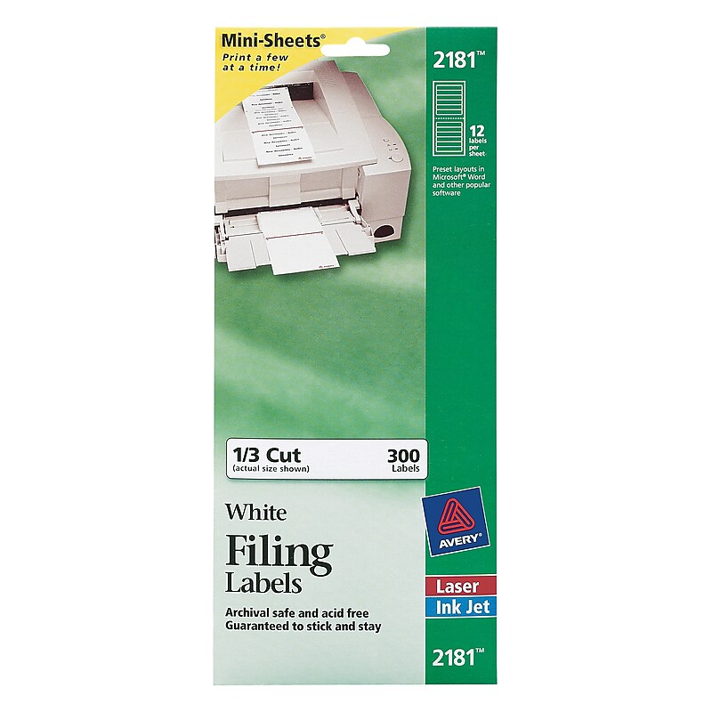 Avery Mini-Sheets Laser/Inkjet File Folder Labels, 2/3" x 3-7/16", White, 300 Labels/Pack (2181) image 1