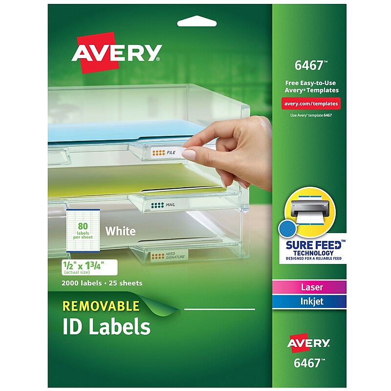 Avery Sure Feed Laser/Inkjet ID Labels, 1/2" x 1-3/4", White, 2,000 Labels/Pack (6467) image 1