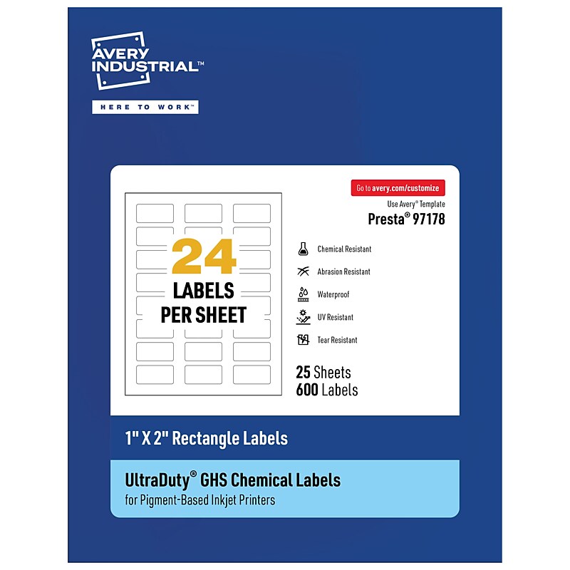 Avery Inkjet UltraDuty GHS Labels 1" x 2", White, 600 Labels/Pack (97178) image 1
