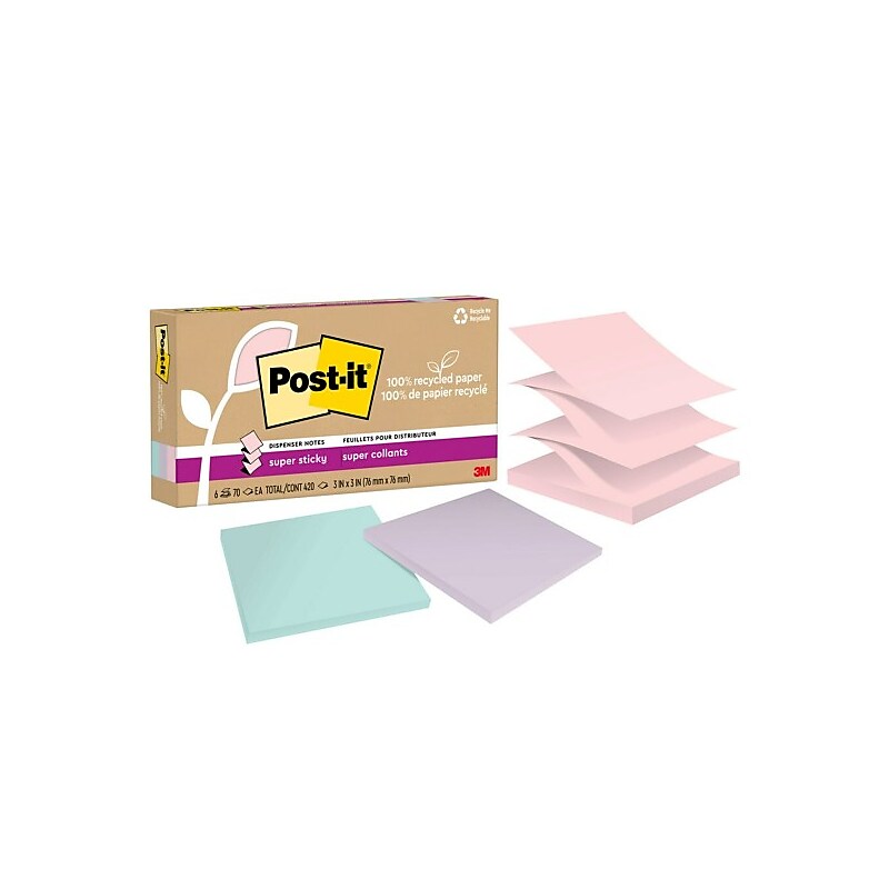 Post-it Wanderlust Pastels Recycled Pop-up Super Sticky Notes, 3" x 3", 70 Sheets/Pad, 6 Pads/Pack (R330R-6SSNRP) image 1