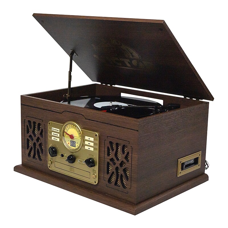Victor State 7-in-1 Turntable Music Center w/ 3-Speed Record Player, CD/MP3/Cassette, FM, Dual Bluetooth In/Out, Espresso image 1