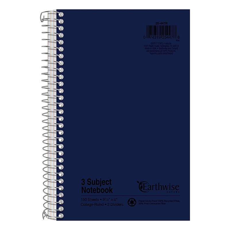 Oxford Earthwise 3-Subject Notebooks, 6" x 9.5", College Ruled, 150 Sheets (25-447R) image 1