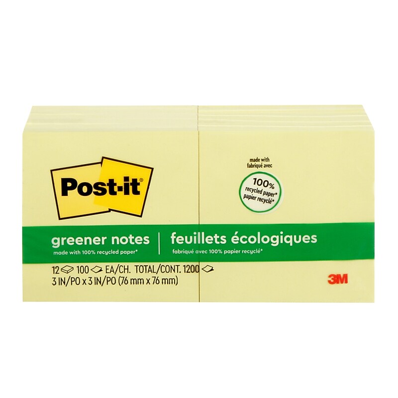 Post-it Greener Recycled Notes, 3" x 3", Canary Collection, 100 Sheet/Pad, 12 Pads/Pack (654-RP-YW) image 1