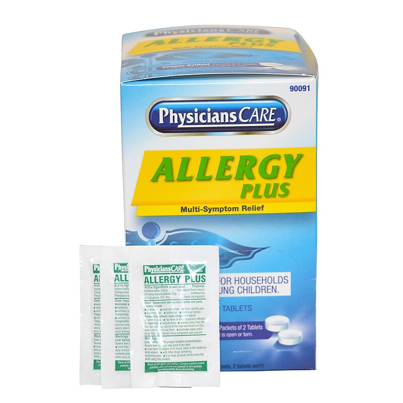 Physicians Care Allergy Plus Multi-Symptom Relief Tablets, 4 Hours, 2/Packet, 50 Packets/Box (90091) image 1