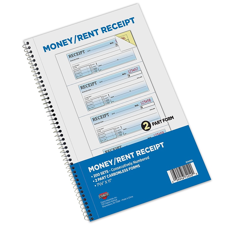 Cosco 2-Part Carbonless Receipts, 7.875" x 11", 50 Sets/Book (074050) image 1