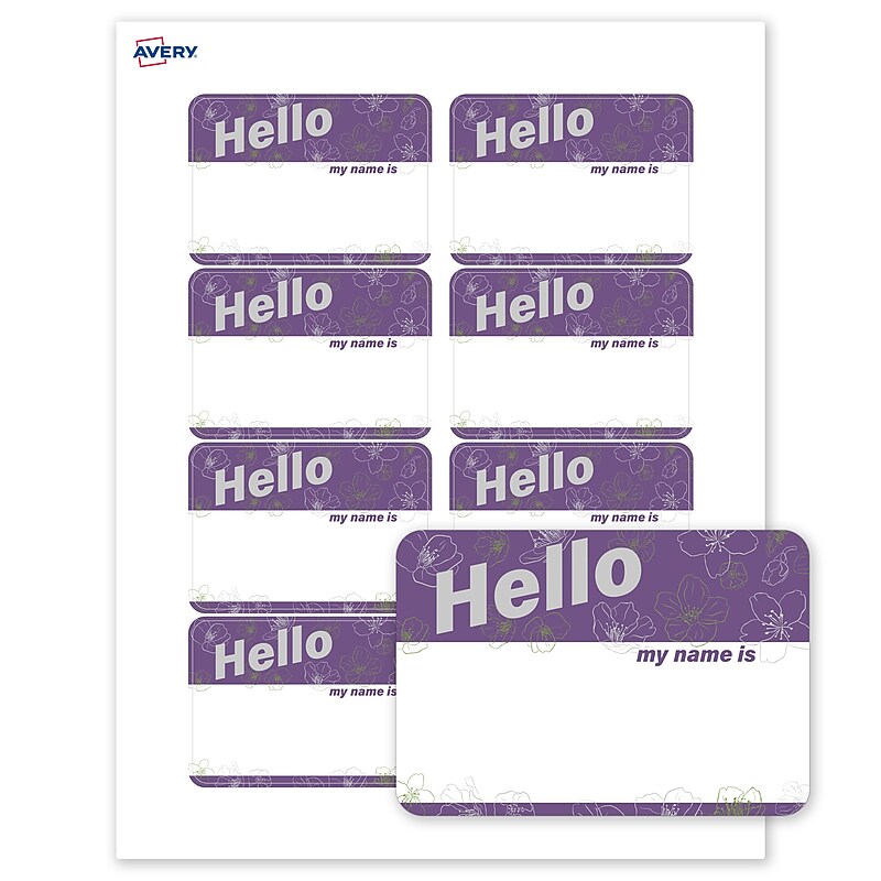 Avery Adhesive Name Tags, Pre-printed Purple & Silver Hello Design image 1