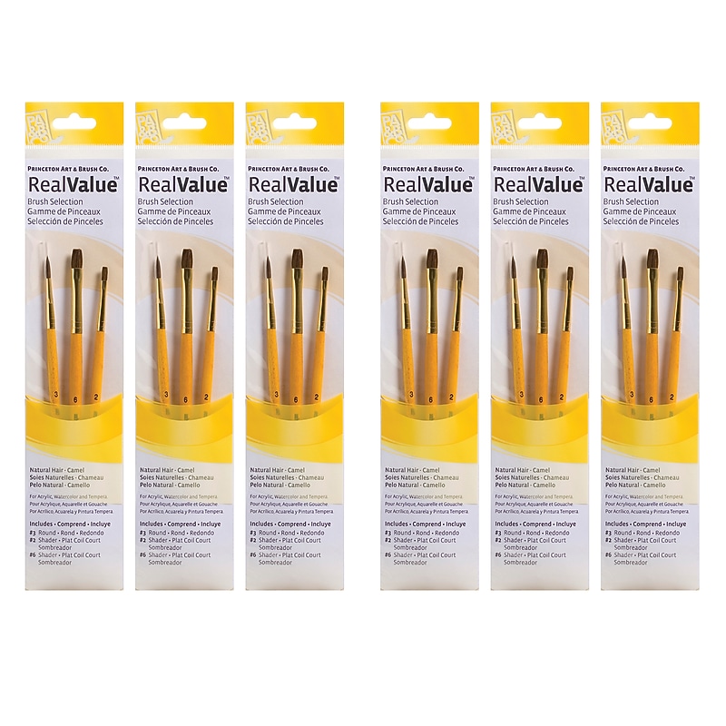 Princeton RealValue Mixed Media Natural Camel Variety Brush Set, Assorted, 3/Set, 6 Sets/Bundle (PBXPR9101-6) image 1