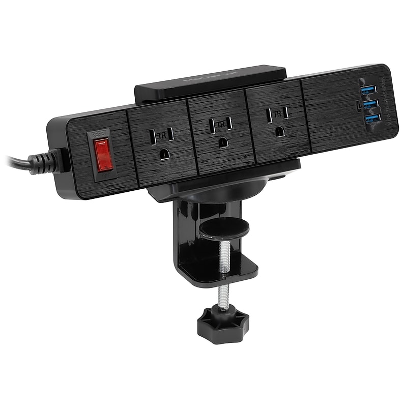 Mount-It! 3-Outlet 3-USB Port Desktop Power Strip with Clamp Desk Mount, Black (MI-7281B) image 1