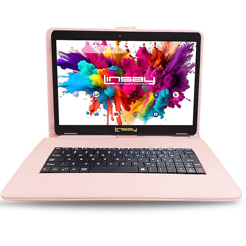 Linsay Octa Core 10.1" Tablet, 4GB RAM, 128GB Storage, Android 13, Bundled with Pink Style Keyboard and Stylus Pen image 1