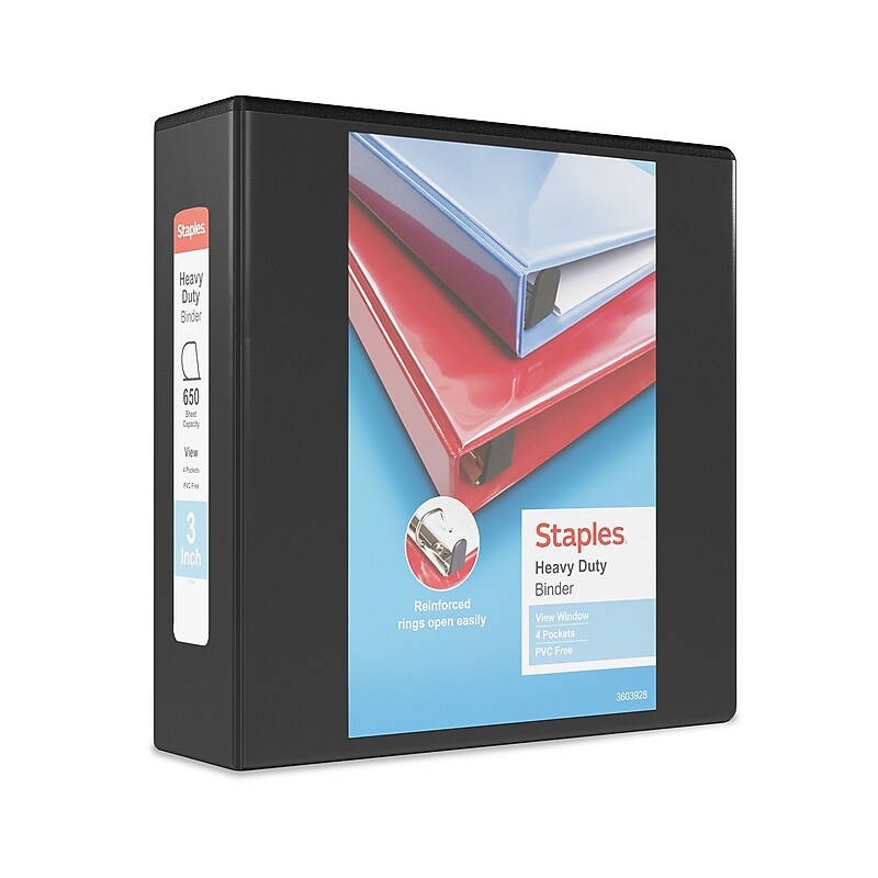 Staples Heavy Duty 3" 3-Ring View Binders, D-Ring, Black, 4/Pack (56234CT/24690CT) image 1