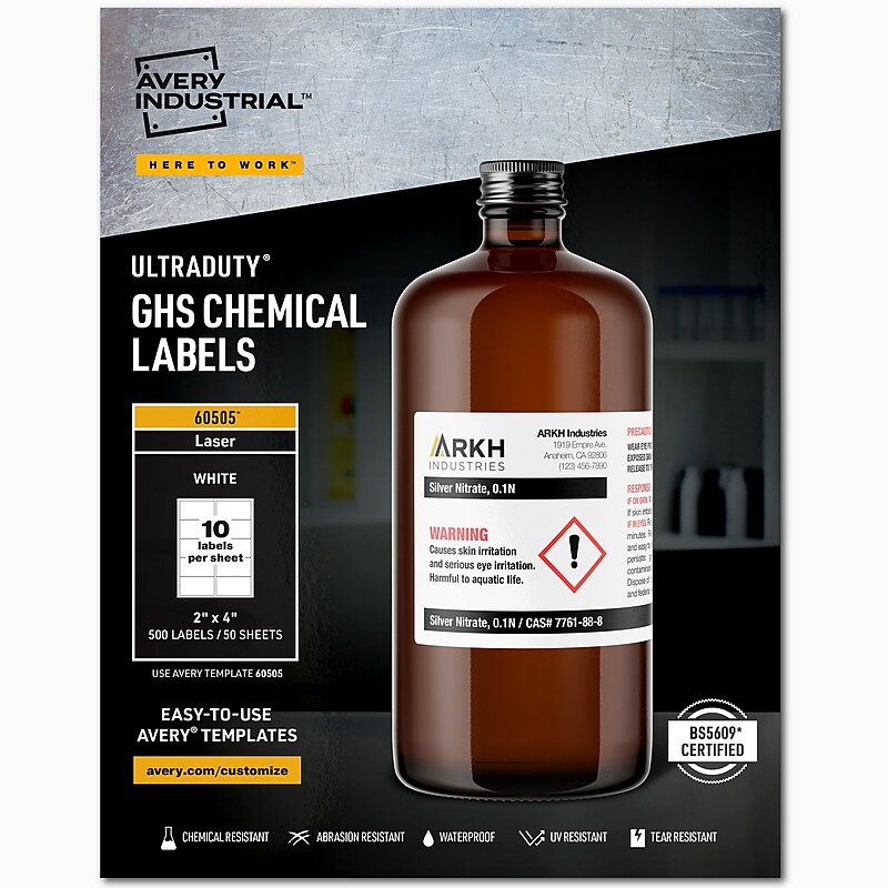 Avery UltraDuty Waterproof Laser GHS Chemical Labels, 2" x 4", White, 500 Labels/Box (60505) image 1