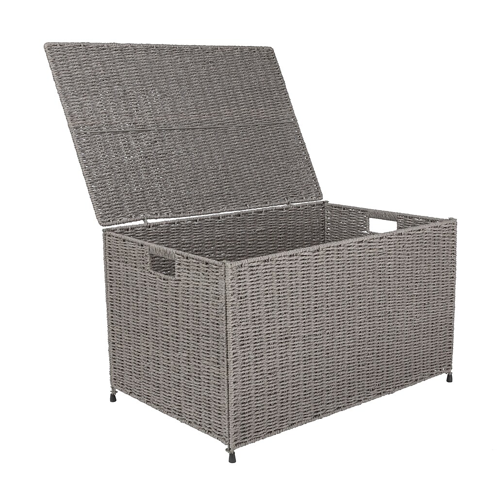 Lid open view of grey woven storage chest showing interior space