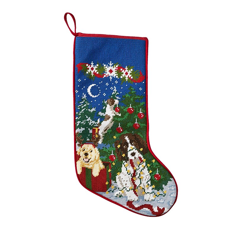 L.L.Bean Needlepoint Christmas Stocking, Holiday Dogs (1000199374) image 1