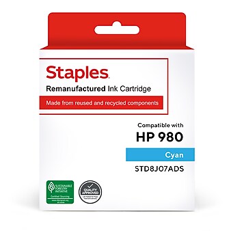 Staples Remanufactured Cyan Standard Yield Ink Cartridge Replacement for HP 980 (TRD8J07ADS/STD8J07ADS)