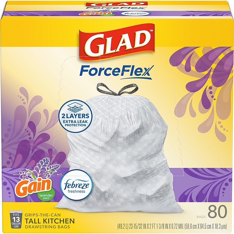 Glad ForceFlex Tall 13 Gallon Drawstring Kitchen Trash Bag, Gain Lavender with Febreze Freshness, White, 80 Total Bags (78533) image 1
